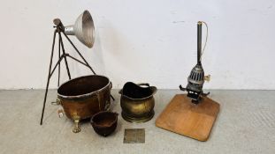 AN OVAL COPPER AND BRASS PLANTER, BRASSED COAL HELMET CAST IRON GLUE POT,