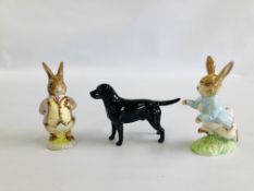 A BESWICK BLACK LABRADOR ALONG WITH TWO BESWICK BEATRIX POTTER FIGURES TO INCLUDE MR.