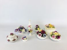 A GROUP OF 9 BONE CHINA FLORAL POSIES, VASES AND COVERED TRINKET BOX TO INCLUDE AYNSLEY,
