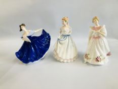 A GROUP OF 3 ROYAL DOULTON FIGURINES TO INCLUDE GILLIAN HN 3742, ELAINE HN 2791, CLAIRE HN 3646.