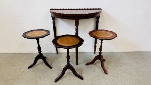 THREE SINGLE PEDESTAL OCCASIONAL WINE TABLES WITH LEATHER INSERTS ALONG WITH A REPRODUCTION