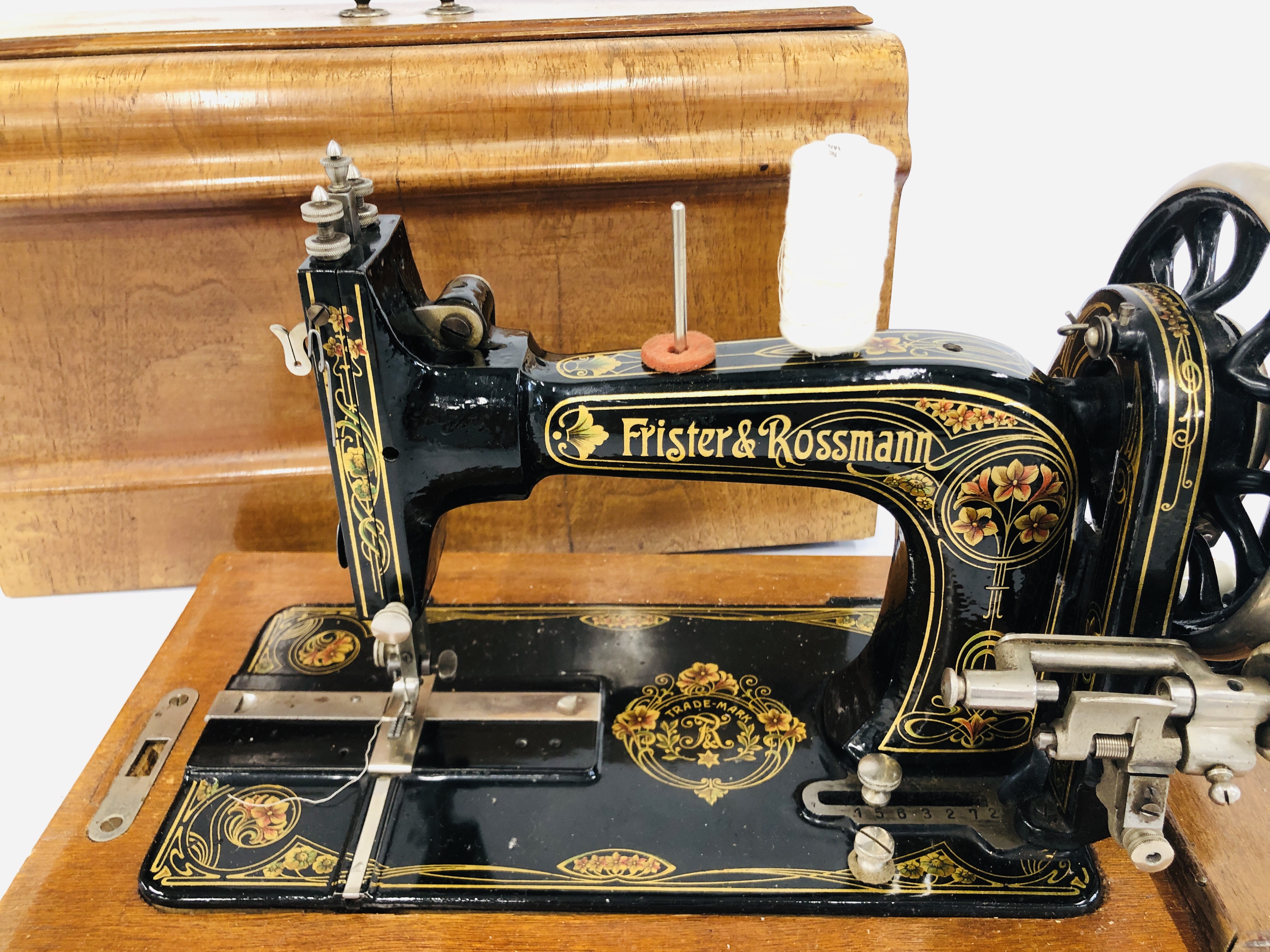 A VINTAGE GILT DECORATED FRISTER & ROSSMANN SEWING MACHINE COMPLETE WITH COVER - SOLD AS SEEN. - Image 2 of 6