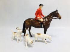 A BESWICK HUNTSMAN UPON HORSEBACK W 21CM X H 21CM ALONG WITH A GROUP OF 4 BESWICK FOX HOUNDS.
