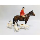 A BESWICK HUNTSMAN UPON HORSEBACK W 21CM X H 21CM ALONG WITH A GROUP OF 4 BESWICK FOX HOUNDS.