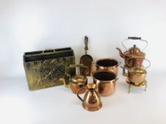 BOX OF ASSORTED VINTAGE METALWARE TO INCLUDE TWO BRASS TRIVETS, 3 COPPER KETTLES ETC.