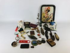 A BOX OF ASSORTED VINTAGE COLLECTIBLES TO INCLUDE OIL CANS, DOOR KNOCKERS,