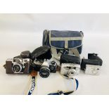 A COLLECTION OF CAMERA EQUIPMENT TO INCLUDE WOLZ EMBOY M-35 CAMERA, OLYMPUS OM10 CAMERA,