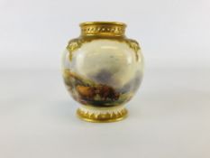 A ROYAL WORCESTER VASE H 278., HAND PAINTED WITH HIGHLAND CATTLE BEARING SIGNATURE H.