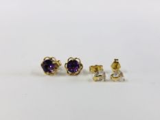 2 PAIRS OF STUD EARRINGS MARKED 9CT GOLD WITH 1 SET WITH AMETHYSTS.
