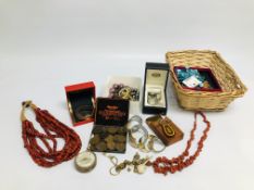 A BOX CONTAINING A QUANTITY OF COSTUME JEWELLERY TO INCLUDE HARDSTONE BEADED NECKLACES,