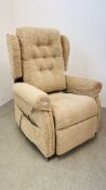 AN OAKTREE MOBILITY ELECTRICALLY OPERATED RISE AND RECLINE FAWN UPHOLSTERED ARM CHAIR - SOLD AS