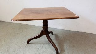 AN OAK TILT TOP PEDESTAL TABLE WITH RECTANGULAR TOP 83 X 102CM ON TRIPOD BASE.