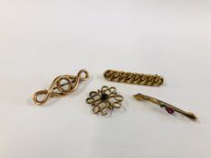 A GROUP OF 4 VINTAGE BROOCHES TO INCLUDE 2 9CT GOLD EXAMPLES + A YELLOW METAL WOVEN EXAMPLE IN A