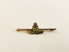 9CT GOLD ROYAL ARTILLERY SWEETHEART BROOCHES.
