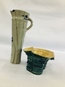 A LARGE GLAZED STONEWARE JUG H 42.5CM ALONG WITH A FURTHER STUDIO POTTERY EXAMPLE.
