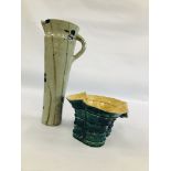 A LARGE GLAZED STONEWARE JUG H 42.5CM ALONG WITH A FURTHER STUDIO POTTERY EXAMPLE.