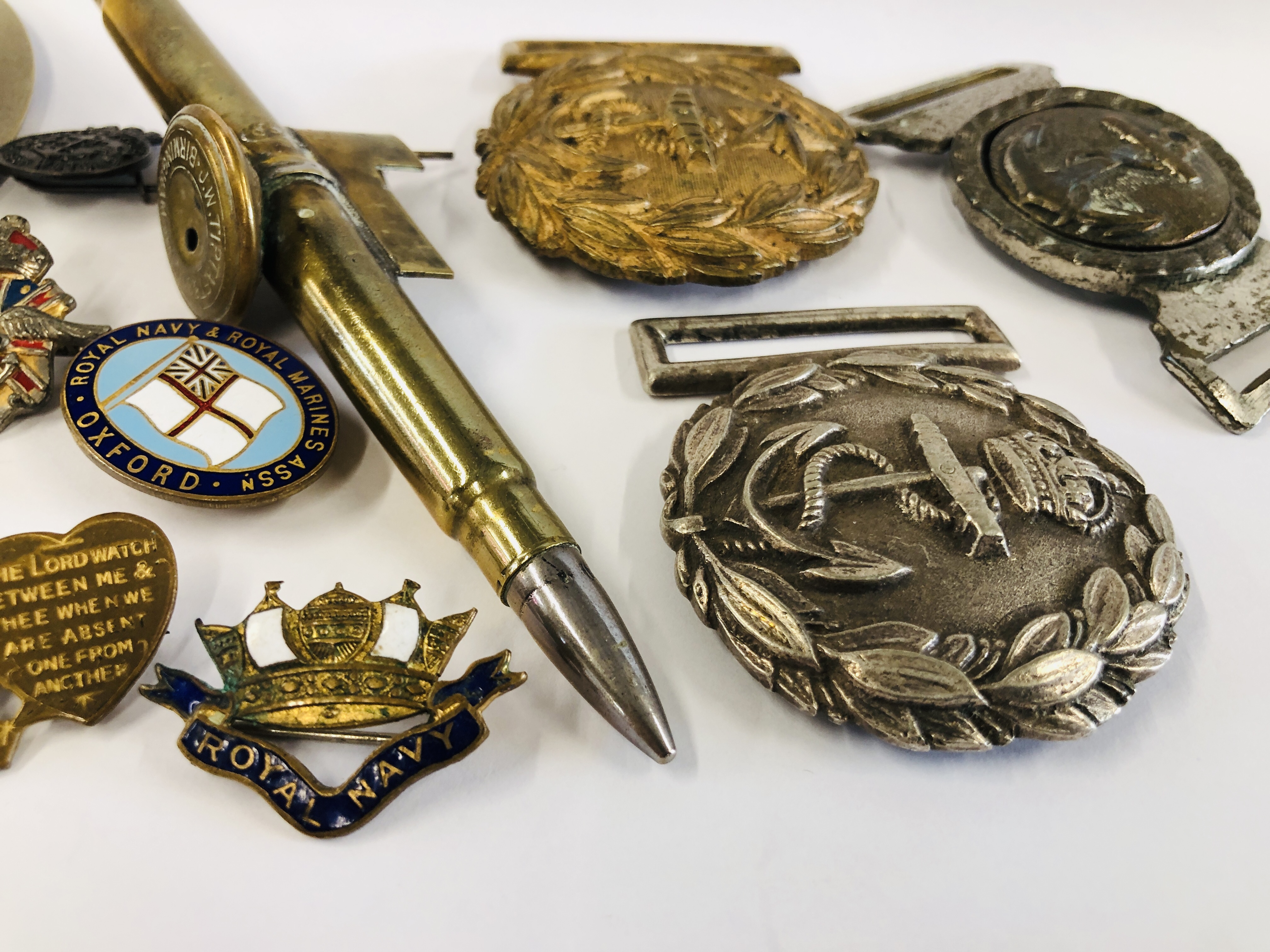 A TUB CONTAINING FRENCH ART PIECES, 3 BUCKETS BADGES AND PLATED INKWELL. - Image 4 of 7