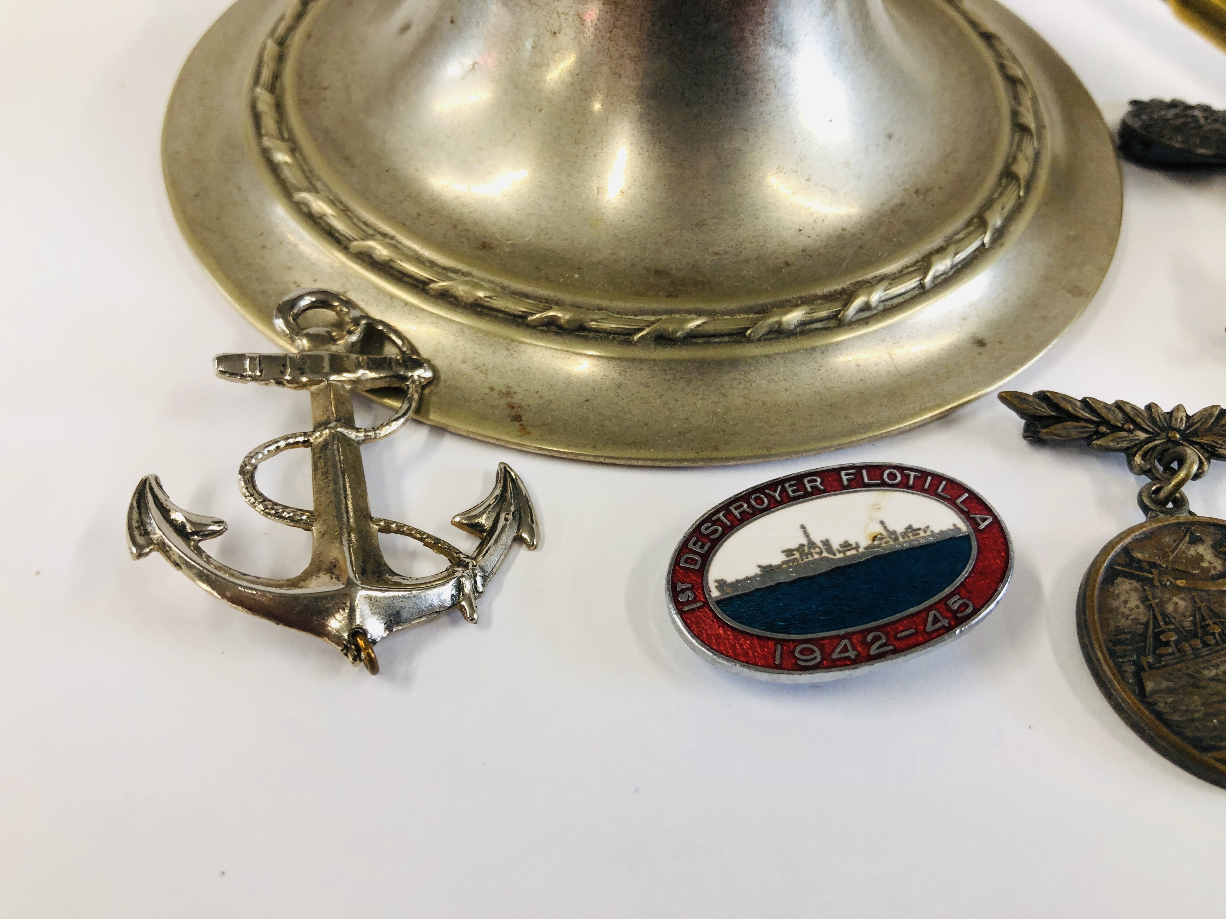 A TUB CONTAINING FRENCH ART PIECES, 3 BUCKETS BADGES AND PLATED INKWELL. - Image 2 of 7