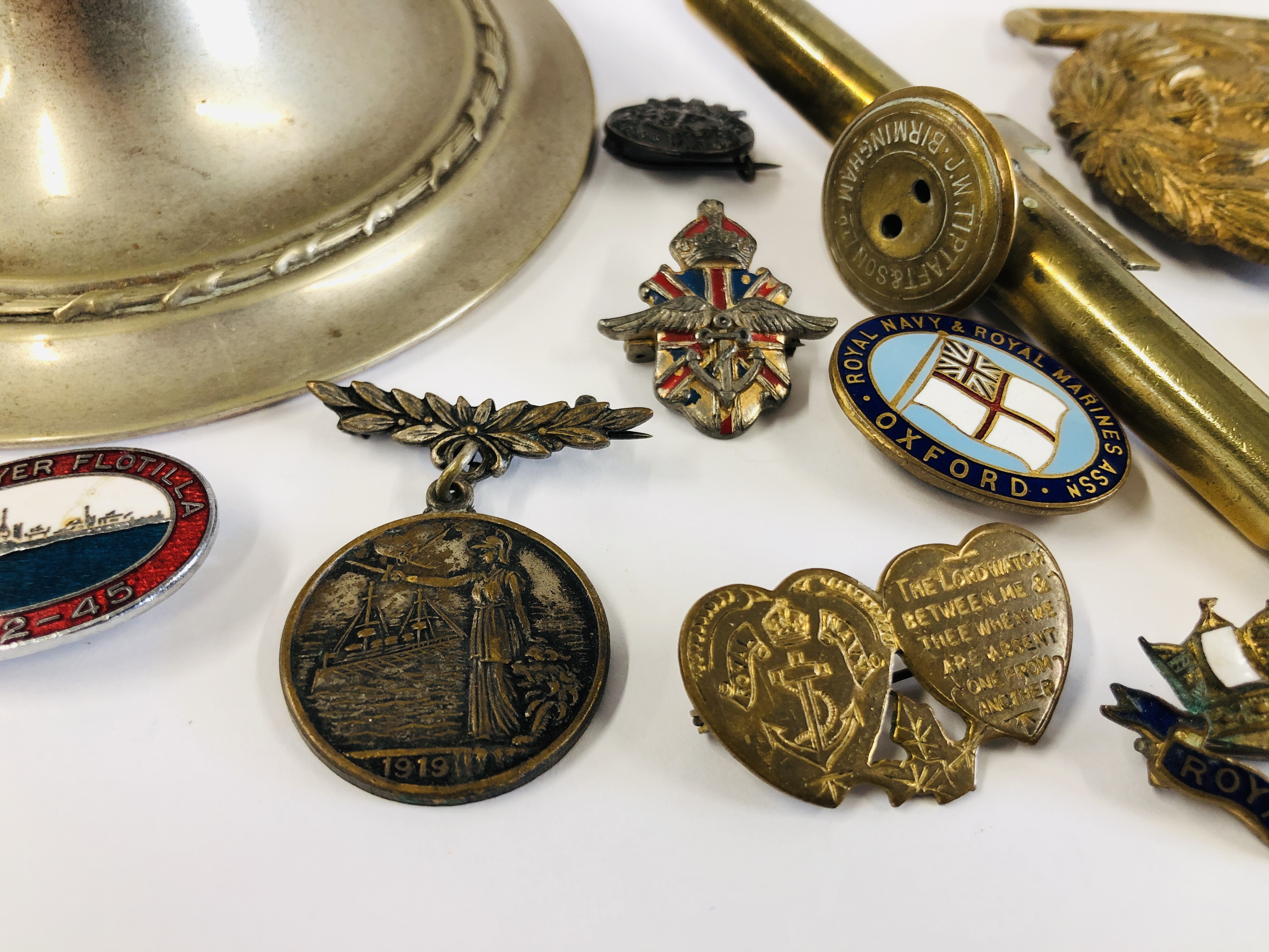 A TUB CONTAINING FRENCH ART PIECES, 3 BUCKETS BADGES AND PLATED INKWELL. - Image 3 of 7