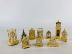 A COLLECTION OF 10 MINIATURE BRASS COLLECTORS CLOCKS.