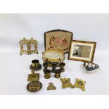 A BOX OF COLLECTIBLES TO INCLUDE TRENCH ART, FRAMES, PIN CUSHION, GREAT EUROPEAN TAPESTRY, DRUM,