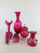 A GROUP OF 6 PIECE OF VINTAGE CRANBERRY GLASS TO INCLUDE VASES COMPRISING TWO HANDLED EXAMPLES