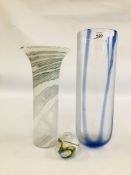 TWO ART GLASS VASES, ONE EXAMPLE BEARING INDISTINCT SIGNATURE + A SMALL ART GLASS VASE.
