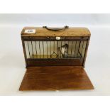 A VINTAGE BIRD CASE WITH REPLICA BIRD UPON A BRANCH W 25.5CM X D 12CM X H 16CM.