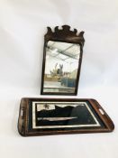 A VINTAGE MAHOGANY MARQUETRY TRAY DECORATED USING BUTTERFLY WINGS ALONG WITH ANTIQUE WALL MIRROR.