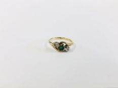 9CT GOLD EMERALD AND DIAMOND 3 STONE RING.