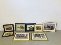 A GROUP OF 8 FRAMED HORSE RACING RELATED PICTURES AND PRINTS TO INCLUDE FRANKEL AND DAWN APPROACH