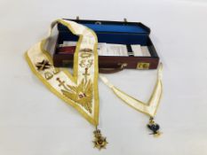 A VINTAGE BROWN LEATHER CASE AND CONTENTS TO MASONIC REGALIA AND MEDALS.