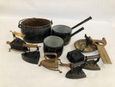 FIVE VINTAGE CAST IRONS, TWO IRON STANDS, VINTAGE CAST METAL KETTLE,