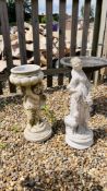 STONEWORK GARDEN PLANTER SUPPORTED BY CHERUB - HEIGHT 53CM STONEWORK FIGURE GIRL WITH LAMB - HEIGHT