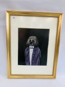 AN ORIGINAL FRAMED PASTEL PORTRAIT OF A DOG DRESSED IN PERIOD COSTUME BEARING SIGNATURE COLIN ASHBY