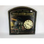 A REPRODUCTION WOODEN ADVERTISING SIGN "LONDON - GLASGOW NORTH EASTERN RAILWAY" W 60CM X H 62.5CM.