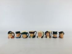 A GROUP OF 8 ROYAL DOULTON MINIATURE CHARACTER JUGS TO INCLUDE THE LAWYER D6524, ATHOS D6509,