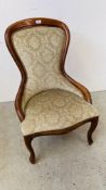 REPRODUCTION SAGE GREEN VELOUR UPHOLSTERED NURSING CHAIR. H 89CM.