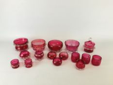 A COLLECTION OF 13 VINTAGE CRANBERRY GLASS BOWLS, MANY EXAMPLES WITH FILLED DETAIL,