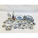 A BOX CONTAINING AN EXTENSIVE COLLECTION OF BLUE AND WHITE DELFT TO INCLUDE SALT AND PEPPER POTS,