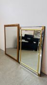 A MODERN PINE FRAMED MIRROR W 88CM X H 114CM ALONG WITH A FURTHER MIRROR BY "MORRIS MIRRORS" W 74CM