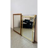 A MODERN PINE FRAMED MIRROR W 88CM X H 114CM ALONG WITH A FURTHER MIRROR BY "MORRIS MIRRORS" W 74CM