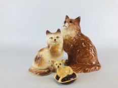 A BESWICK CAT STUDY H 21CM + A FURTHER SWEDISH EXAMPLE H 16CM + A BESWICK CHIHUAHUA UPON A CUSHION.
