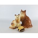 A BESWICK CAT STUDY H 21CM + A FURTHER SWEDISH EXAMPLE H 16CM + A BESWICK CHIHUAHUA UPON A CUSHION.