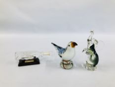 AN ART GLASS ELEPHANT AND BIRD STUDY ALONG WITH A SHIP IN A BOTTLE.