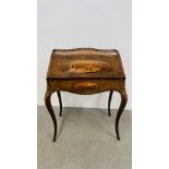 A C19TH ROSEWOOD AND MARQUETRY FALLING FRONT BUREAU IN C18TH STYLE, 77CM WIDE X D 49CM X H 94CM.