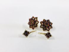 2 PAIRS OF YELLOW METAL GARNET EARRINGS.