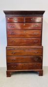 A GEORGE III MAHOGANY CHEST ON CHEST WITH BRUSHING SLIDE, 108CM WIDE (SOME LOSSES).