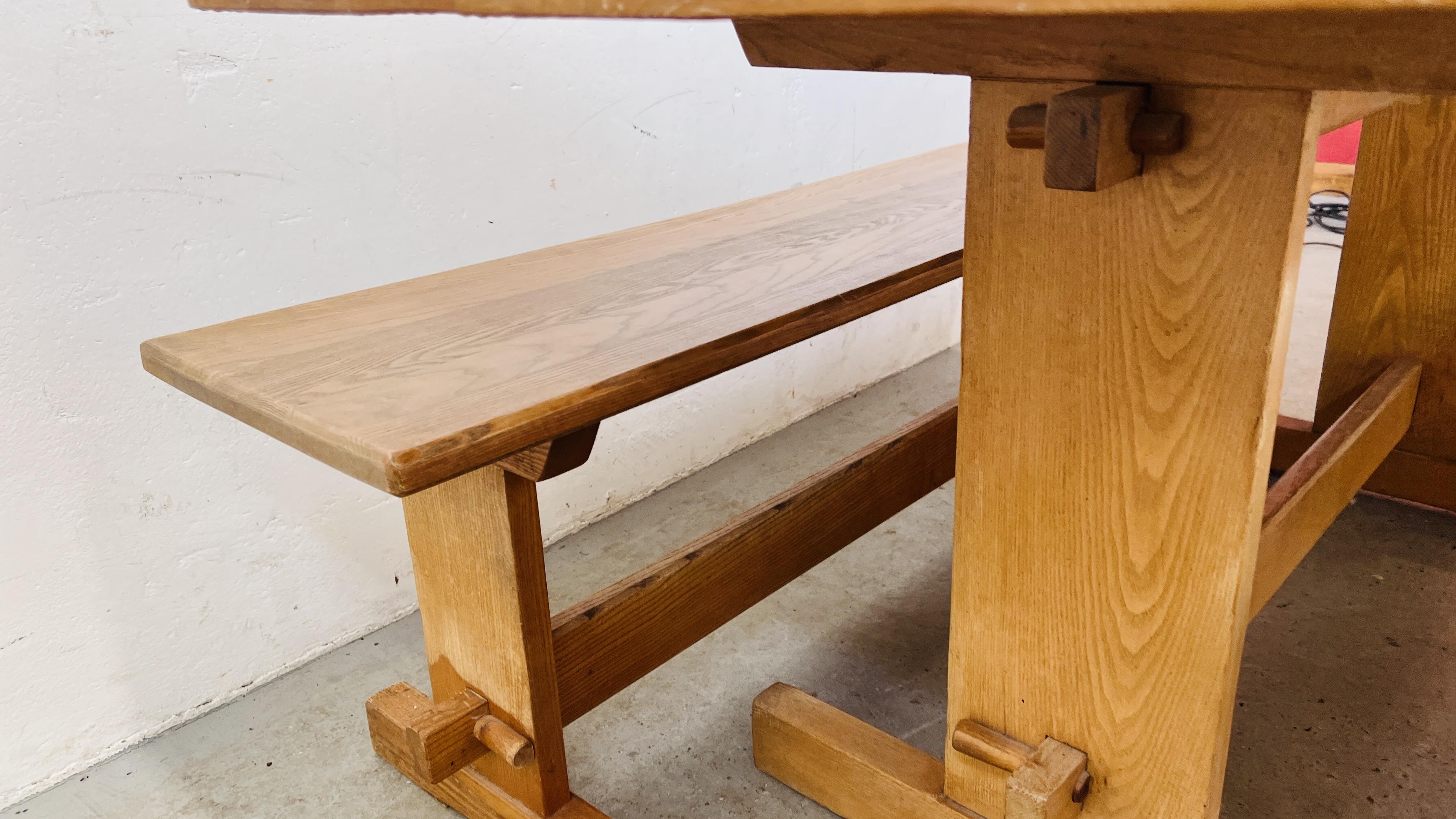 A HEAVY OAK KITCHEN TABLE L 168CM X W 79CM X H 73CM ALONG WITH A PAIR OF OAK BENCHES L 167 X W 35 X - Image 8 of 11