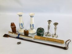 A GROUP OF ASSORTED COLLECTIBLES TO INCLUDE VARIOUS MEASURES, LEATHER WHIP, HIP FLASK,